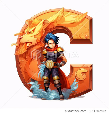 Fantasy knight in armor with a dragon on the background of the letter C Fantasy knight in armor with a dragon on the background of the letter C 131207404