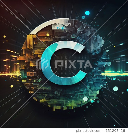 Glowing blue letter C in circle on dark background. 3D rendering Glowing blue letter C in circle on dark background. 3D rendering 131207416