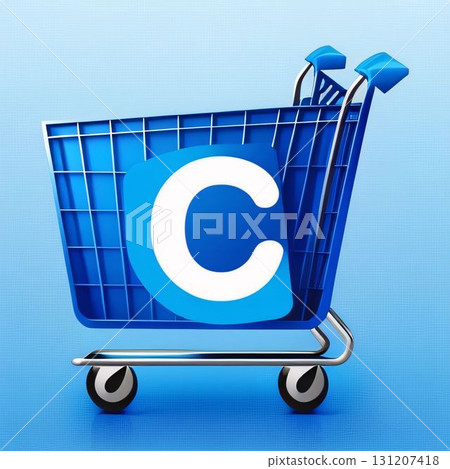 Shopping cart with letter C on blue background. Vector illustration. 131207418