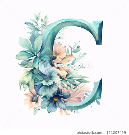 Floral letter C. Hand drawn watercolor font with flowers. Floral letter C. Hand drawn watercolor font with flowers. 131207439