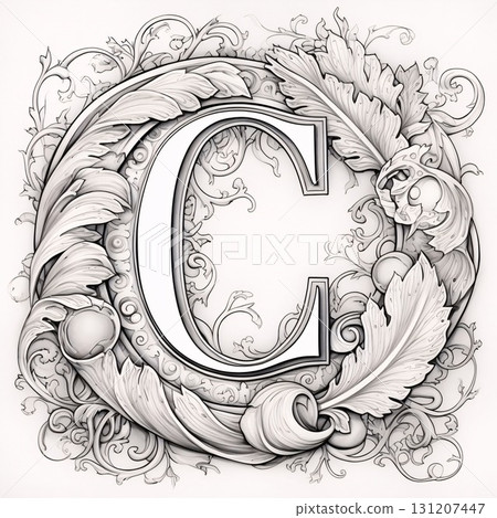 Vintage capital letter C with floral ornament. Hand-drawn illustration. Vintage capital letter C with floral ornament. Hand-drawn illustration. 131207447
