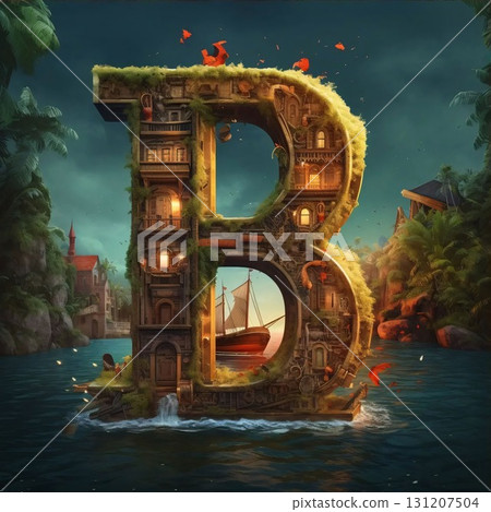 Alphabet letter B made out of wood on the water. Digital painting. 131207504