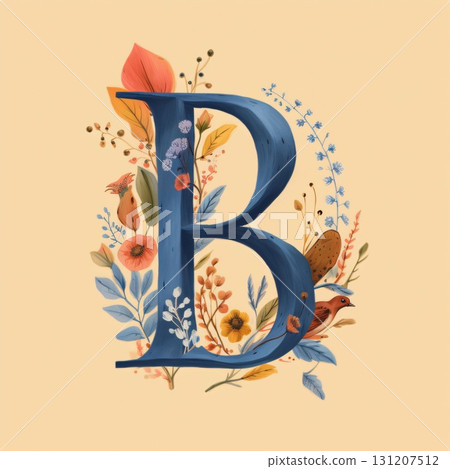 Alphabet letter B with leaves and flowers. Hand drawn vector illustration. Alphabet letter B with leaves and flowers. Hand drawn vector illustration. 131207512