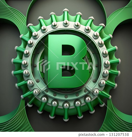 Green B letter in gear wheel on black background. 3D rendering Green B letter in gear wheel on black background. 3D rendering 131207538