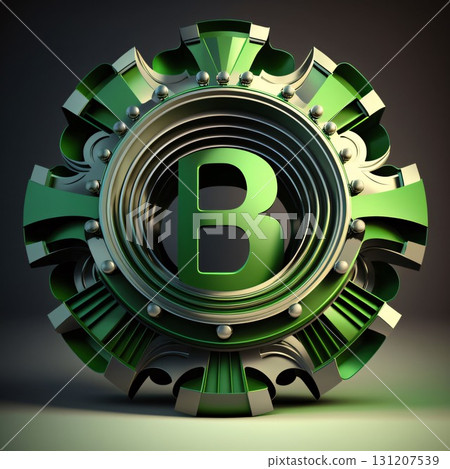 Green gear wheel with letter B on a dark background. 3D rendering Green gear wheel with letter B on a dark background. 3D rendering 131207539