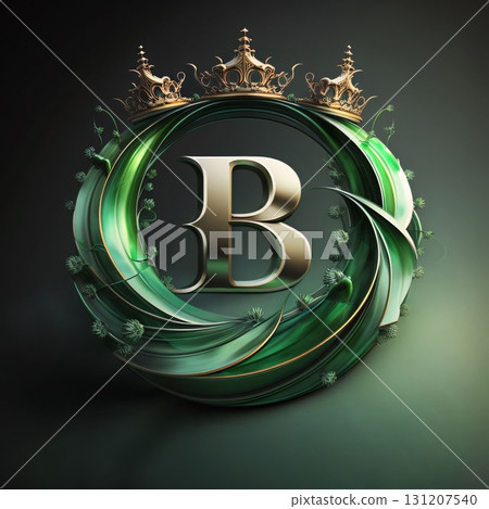 Elegant golden letter B with crown and green leaves. 3D rendering 131207540