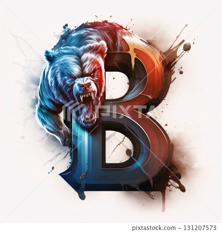 Bear head with blue and orange color paint splashes on white background Letter B Bear head with blue and orange color paint splashes on white background Letter B 131207573
