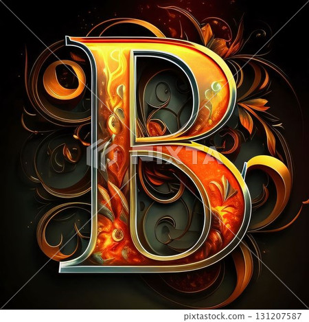 Fiery letter B with floral ornament on black background. 3D illustration. Fiery letter B with floral ornament on black background. 3D illustration. 131207587