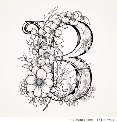 Floral capital letter B with flowers and leaves, hand drawn vector illustration 131207605