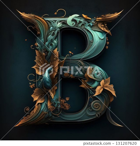 Elegant capital letter B decorated with leaves and flowers. 3D render Elegant capital letter B decorated with leaves and flowers. 3D render 131207620