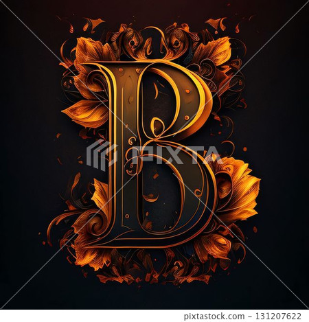 Vintage letter B with floral ornament, 3d illustration. Black background. 131207622