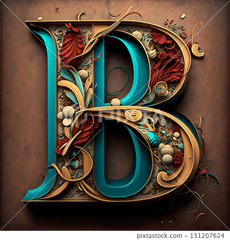 Vintage letter B with floral ornament. 3D render illustration. 131207624