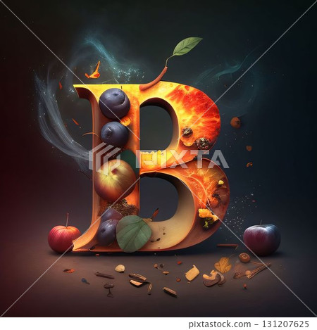 Fruit letter B with fire and smoke, 3d illustration. Fruit letter B with fire and smoke, 3d illustration. 131207625