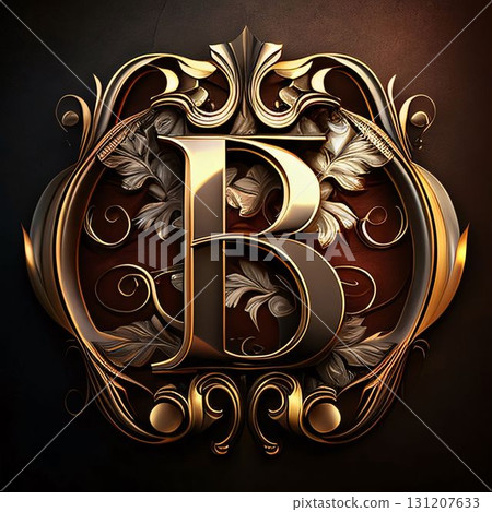 Luxury golden letter B with ornament on black background. 3D rendering Luxury golden letter B with ornament on black background. 3D rendering 131207633