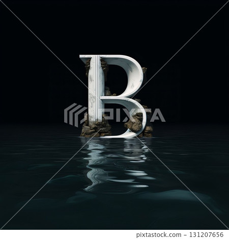 Conceptual stone font isolated on black background with water reflections Letter B Conceptual stone font isolated on black background with water reflections Letter B 131207656