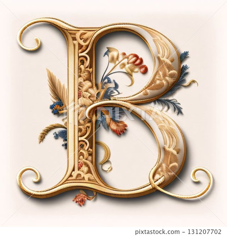 Vintage gold letter B with floral ornament. 3D illustration. Vintage gold letter B with floral ornament. 3D illustration. 131207702