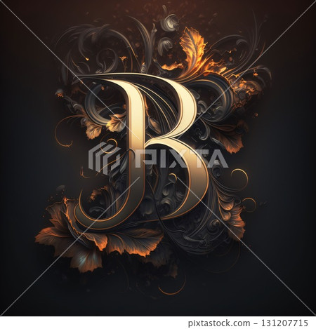 Golden letter B with floral ornament on dark background. Vector illustration. Golden letter B with floral ornament on dark background. Vector illustration. 131207715