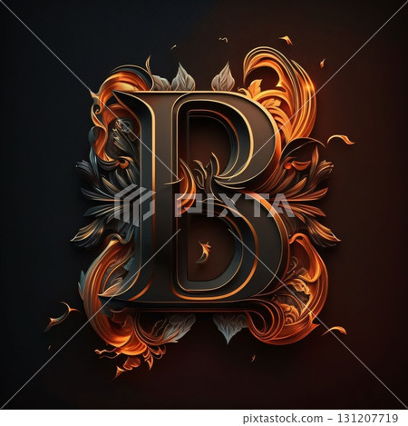 Luxury letter B with floral ornament. 3D illustration. Luxury letter B with floral ornament. 3D illustration. 131207719