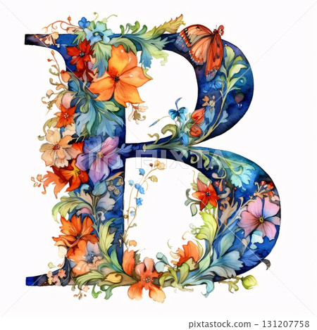 Floral capital letter B, hand drawn in a watercolor on a white background 131207758