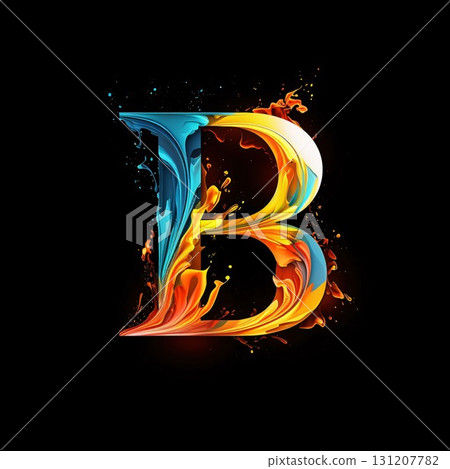 B letter in fire flames, isolated on black background. Vector illustration 131207782
