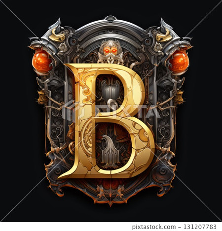 Golden letter B with Halloween decorations on black background. 3d render 131207783