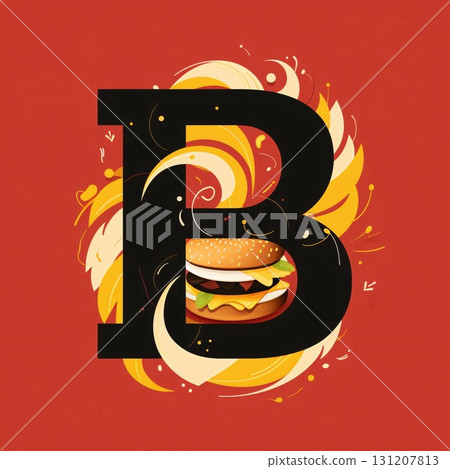 Vector illustration of letter B with burger and fire flames on red background. 131207813