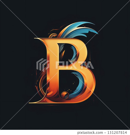B letter with blue and orange flames on black background. Vector illustration. 131207814