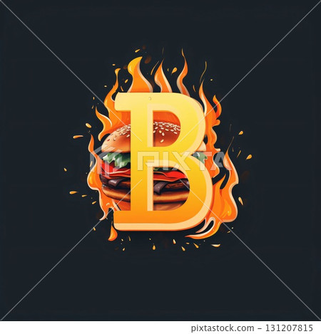 Burger in fire with letters B and flames. Vector illustration. Burger in fire with letters B and flames. Vector illustration. 131207815