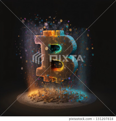 Bitcoin symbol made of colorful particles, digital currency concept. 3D rendering Letter B Bitcoin symbol made of colorful particles, digital currency concept. 3D rendering Letter B 131207818