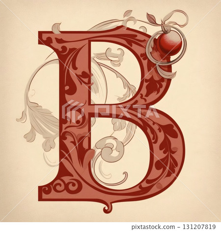 Vintage capital letter B with floral ornament and red bauble. 131207819