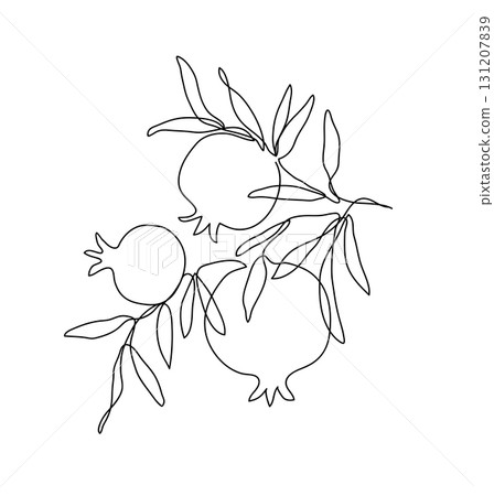 Branch with pomegranates and leaves. Shana Tova. Modern single line art drawing. Continuous line drawing. Vector illustration. 131207839