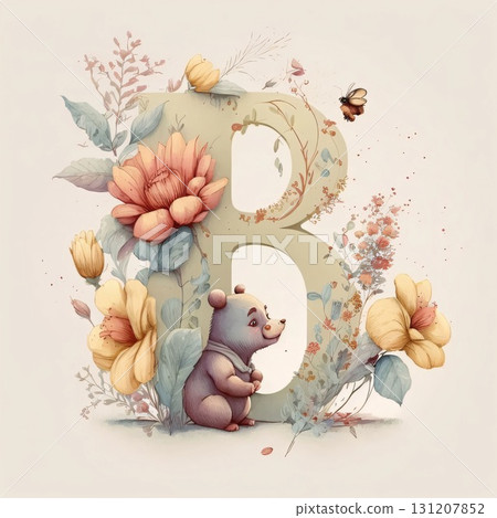 Alphabet B with cute bear, flowers and leaves. Vector illustration. Alphabet B with cute bear, flowers and leaves. Vector illustration. 131207852