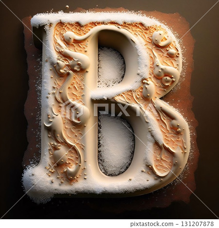 Alphabet letter B covered with frosting. Lettering made of icing sugar. 131207878