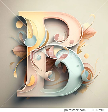 3d illustration of letter B with floral ornament, vintage style. 131207908