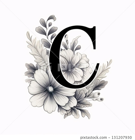 Beautiful monogram letter C with flowers and leaves. Vector illustration. Beautiful monogram letter C with flowers and leaves. Vector illustration. 131207930