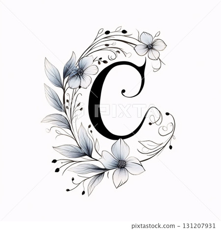 letter C with flowers and leaves. Floral monogram design. letter C with flowers and leaves. Floral monogram design. 131207931