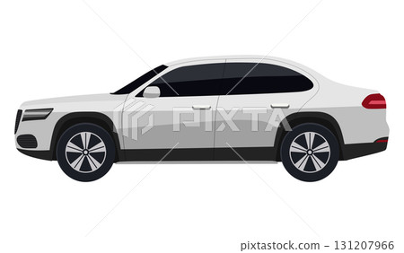 Modern Sedan vehicle illustration. Sedan automobile in side view. Sleek white car with dark tinted windows and black rims. 131207966
