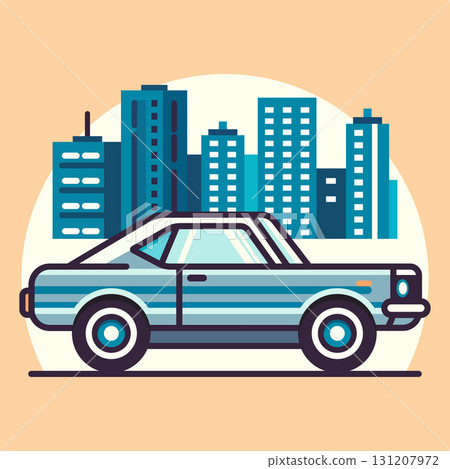 Vector illustration of blue retro car in front of cityscape with tall and modern buildings. Classic car icon. Stylized vintage automobile. 131207972