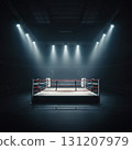 Bright spotlights shine on a boxing ring creating a dramatic scene in a dark arena. The atmosphere is tense showcasing a space ready for competition. 131207979