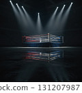 boxing ring stands center stage in a dark arena illuminated by strong overhead lights. The bright red and blue ropes contrast with the reflective flooring creating an electrifying atmosphere. 131207987