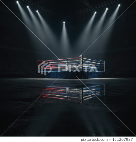 boxing ring stands center stage in a dark arena illuminated by strong overhead lights. The bright red and blue ropes contrast with the reflective flooring creating an electrifying atmosphere. 131207987