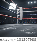Punch marks and stains decorate the boxing ring floor as bright lights illuminate the set. The stage is ready for an intense match with spectators in the background. 131207988