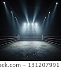 boxing ring stands empty illuminated bright lights from above creating a dramatic atmosphere in a large indoor arena waiting for the next match to begin. 131207991