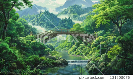 The ancient stone bridge, built for rice farmers, spans the river in a narrow mountain gorge. 131208076