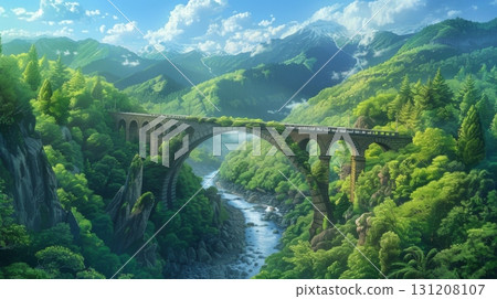 The ancient stone bridge, built for rice farmers, spans the river in a narrow mountain gorge. 131208107