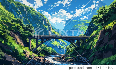 The ancient stone bridge, built for rice farmers, spans the river in a narrow mountain gorge. 131208109