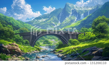 The ancient stone bridge, built for rice farmers, spans the river in a narrow mountain gorge. The ancient stone bridge, built for rice farmers, spans the river in a narrow mountain gorge. 131208110