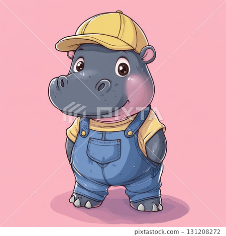 Cute Cartoon Hippo Wearing Overalls and Yellow Hat on Pink Background | Adorable Baby Hippopotamus Character Illustration for Kids 131208272