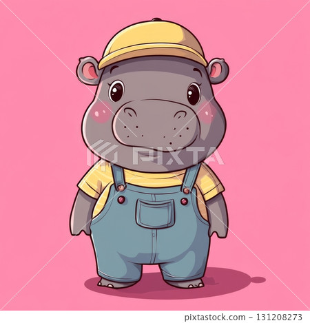 Cute Cartoon Hippo Wearing Overalls and Yellow Hat on Pink Background | Adorable Baby Hippopotamus Character Illustration for Kids Cute Cartoon Hippo Wearing Overalls and Yellow Hat on Pink Background | Adorable Baby Hippopotamus Character Illustration for Kids 131208273