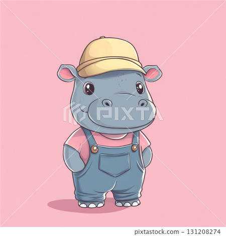Cute Cartoon Hippo Wearing Overalls and Yellow Hat on Pink Background | Adorable Baby Hippopotamus Character Illustration for Kids 131208274